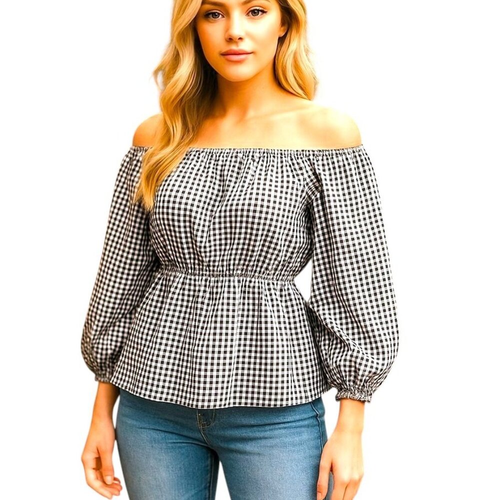 Andree By Unit Size Small Black & Cream Gingham Off/On-Shoulder Peasant Blouse